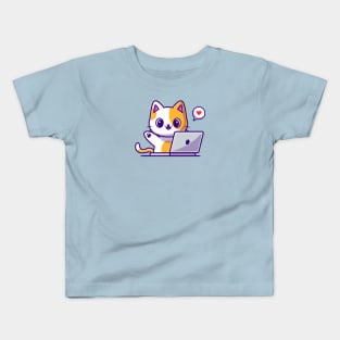 Cute Cat Working On Laptop Cartoon Kids T-Shirt